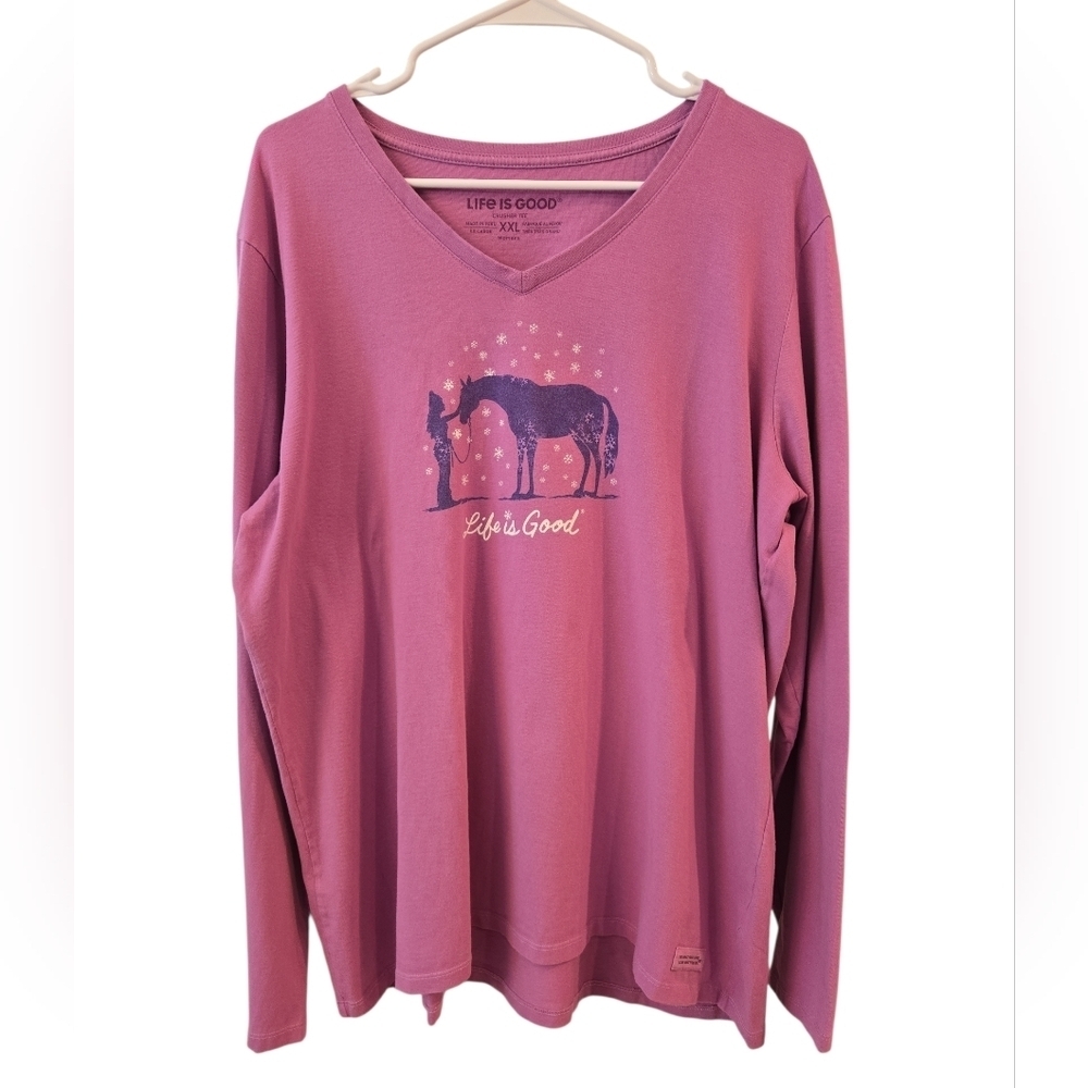 LIFE IS GOOD WOMEN'S HOLIDAY HORSE LONGE-SLEEVE CRUSHER VEE IN PURPLE. SIZE XXL.